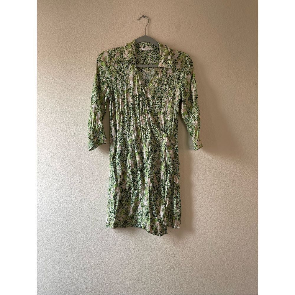 Cabi green printed‎ mini faux wrap dress xs
